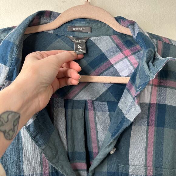 Tall 2XL Eddie Bauer Plaid Flannel Button Up Shirt Green Pink Cotton Boyfriend - Picture 3 of 6
